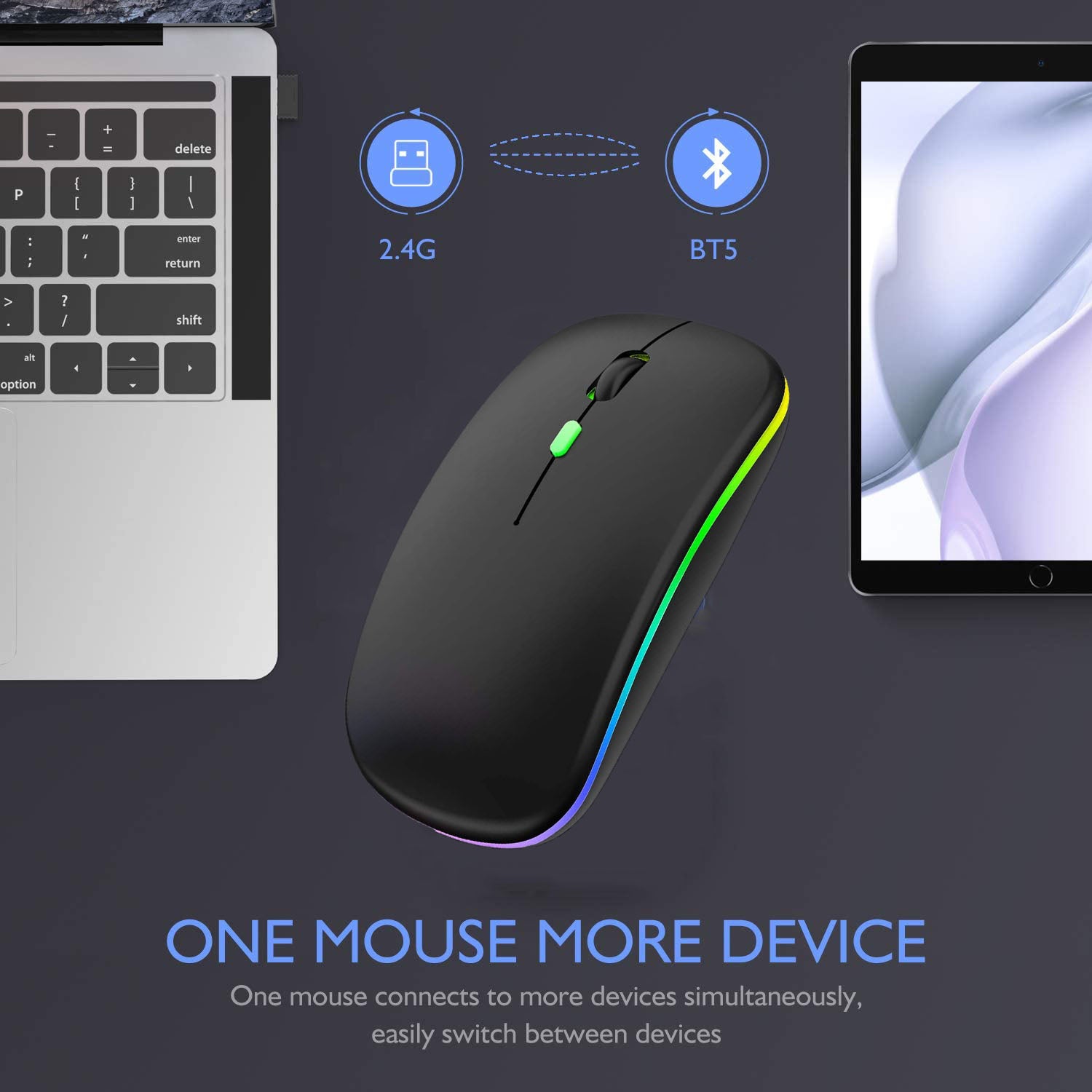 Eleboat® Portable Wireless Bluetooth Mouse,LED Rechargeable Dual Mode(Bluetooth 5.0 and 2.4G Wireless) - Black Eleboat® Portable Wireless Bluetooth Mouse,LED Rechargeable Dual Mode(Bluetooth 5.0 and 2.4G Wireless) - Black